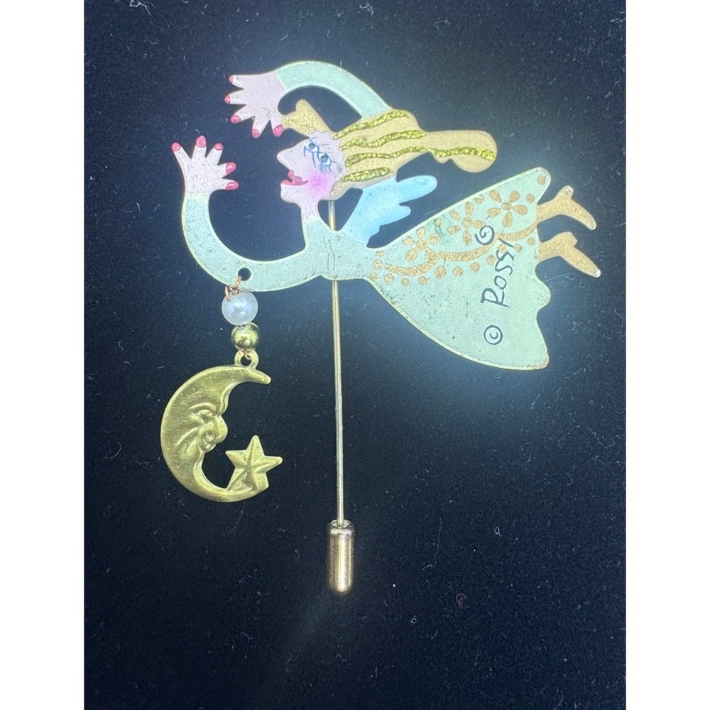 Rossi Vintage Hand Painted Celestial Angel Stick Pin Moon Star Dangle Brooch